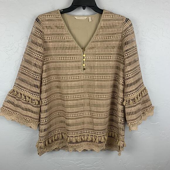 Soft Surroundings Tops - Soft Surroundings Shirt Womens Large Beige Lace Tassel Bell Sleeve Boho 2DX07
